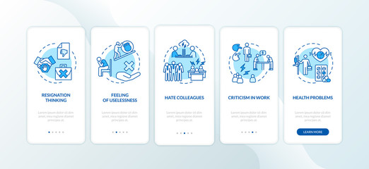 Burnout onboarding mobile app page screen with concepts. Fired from work. Healthcare trouble walkthrough 5 steps graphic instructions. UI vector template with RGB color illustrations