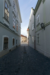 Fototapeta na wymiar Cobblestone street in Szekesfehervar on a winter day.