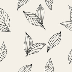 Black and white leaves seamless pattern, organic vector texture. Eco illustration