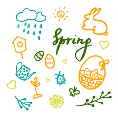 Vector design elements set with inscription Spring, birdhouse, flower, bug, rainy cloud, sun, easter eggs in a basket, sprout, teapot, easter eggs and hearts