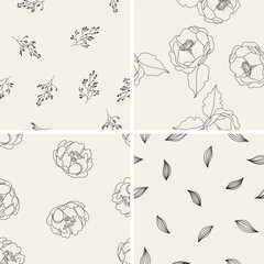 Vintage floral seamless patterns collection. Textures with hand drawn flowers. Elegance wedding delicate backgrounds.