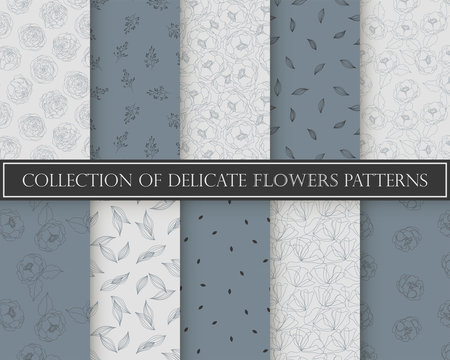 Collection of vintage floral seamless patterns with hand drawn flowers. Eco minimal textures. Delicate spring backgrounds.