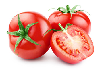 Delicious red tomatoes, isolated on white background