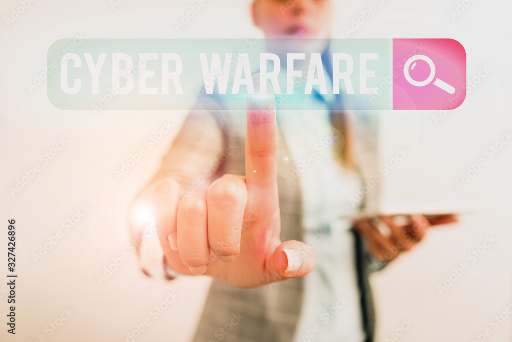 Poster writing note showing cyber warfare. business concept for activity of using the internet to attack a 