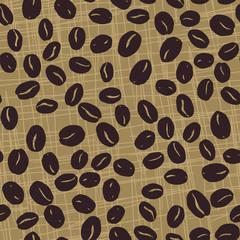 Coffee beans seamless pattern. Seeds of coffee randomly placed on brown scratched background. Wrapping repeating texture. Hand drawn vector eps8 illustration.
