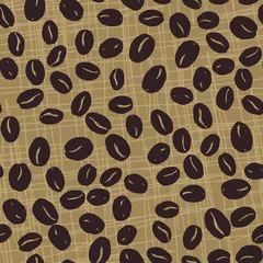 Fotobehang Koffie Naadloze patroon van koffiebonen. Zaden van koffie willekeurig geplaatst op bruin bekraste achtergrond. Verpakkende herhalende textuur. Hand getekend vectorillustratie eps8.