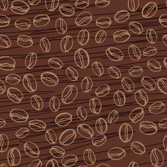 Coffee beans seamless pattern. Seeds of coffee randomly placed on brown scratched background. Wrapping repeating texture. Hand drawn vector eps8 illustration.