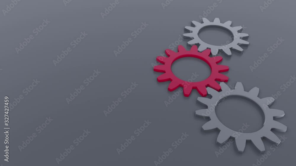 Poster seamless loop animation, abstract background of 3 gears on right side, one red on grey background em