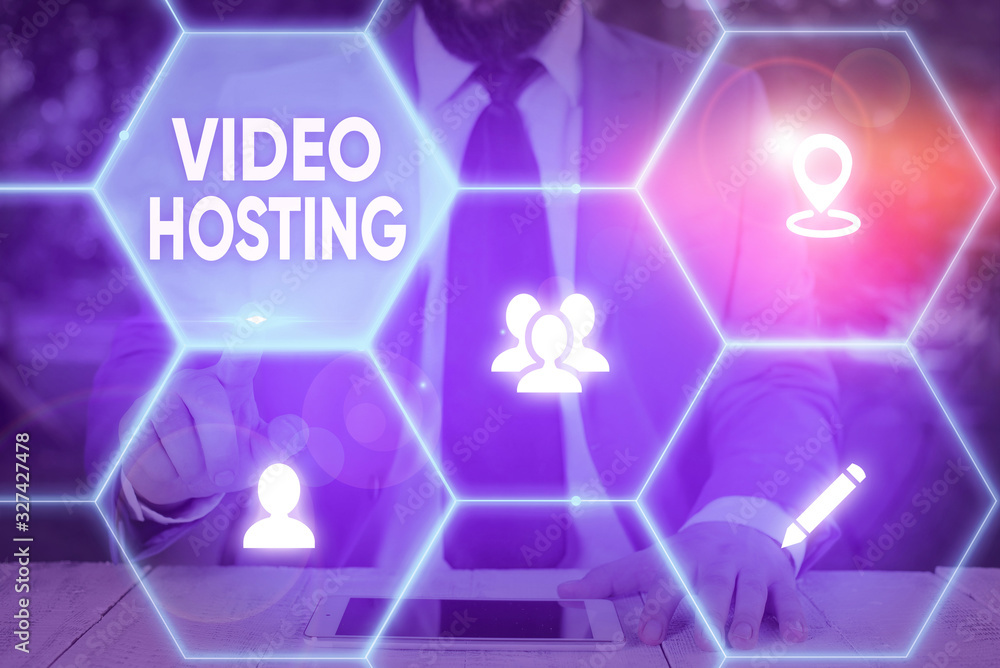 Poster handwriting text video hosting. conceptual photo enables users to upload and play back video content