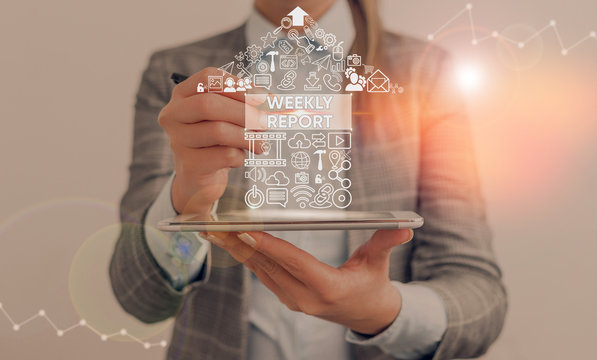 Word writing text Weekly Report. Business photo showcasing information on what have become known within the week