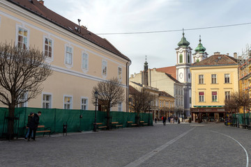 Cobblestone street in Szekesfehervar on a winter day.