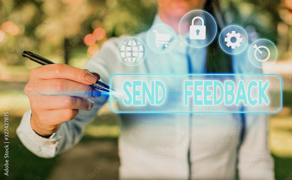 Aufkleber writing note showing send feedback. business concept for information or statements of opinion about 