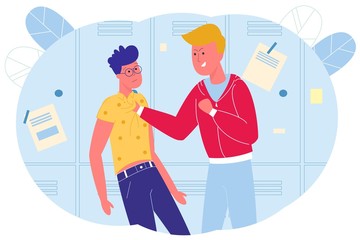 In School Corridor Bully Mocks Four-eyes Classmate