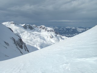 Fototapeta na wymiar beautiful skitouring mountain terrain in winter landscape tennengebirge in austrian alps
