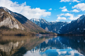 Winter morning on lake Hallstatt. Most beautiful lake to explore in Austria. Salzkammergut, Austrian Alps.