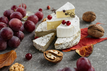craft organic cheese (camembert, brie) with berries on concrete