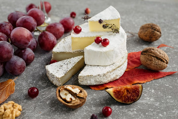 craft organic cheese (camembert, brie) with berries on concrete