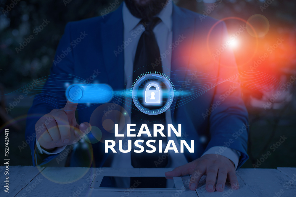 Poster text sign showing learn russian. business photo text gain or acquire knowledge of speaking and writi