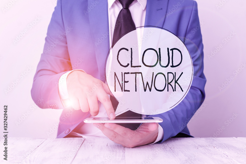 Poster handwriting text cloud network. conceptual photo access of networking resources from centralized pro