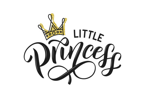 Little princess vector isolated on white with golden crown. Little princess lettering design as logo, t-shirt design and print for girls clothes and apparel. Princess emlem, label, tag