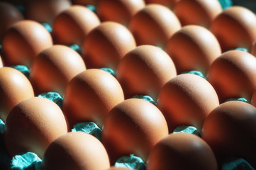 A lot of brown chicken eggs in a cardboard tray