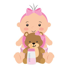 cute little baby girl with teddy bear and bottle milk vector illustration design