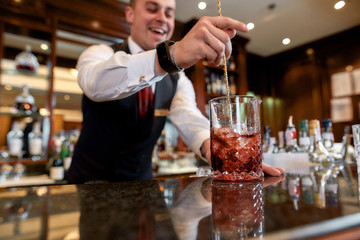 Cocktail Master. Cropped shot of young bartender standing at counter and mixing ingredients while making iced cocktail in the bar
