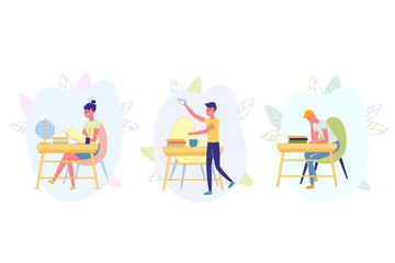 Kids Sit at Desks in Classroom Doing Activities.