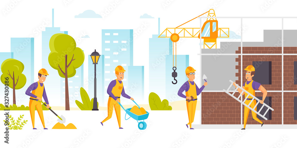 Aufkleber group of builders in hard hats and uniform working on construction site. workers using wheelbarrow, 