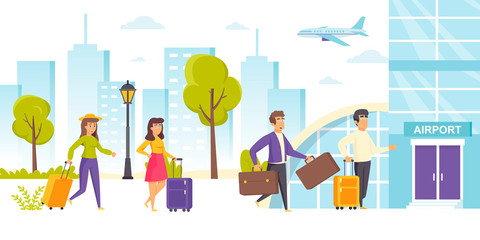 Happy men and women with suitcases walking towards airport terminal building. Funny tourists or travelers with baggage or luggage hurry for flight departure. Flat cartoon vector illustration.