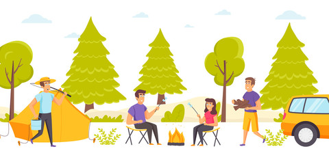 Group of friends spend time at forest campsite or camping with tent and campfire. Happy tourists cooking marshmallows over bonfire, carrying firewood, fishing gear. Flat cartoon vector illustration.