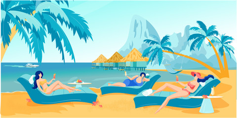 Fototapeta na wymiar Cartoon Women Friends Resting at Tropical Resort