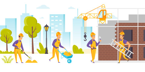 Group of builders in hard hats and uniform working on construction site. Workers using wheelbarrow, carrying ladder, digging, constructing building. City development. Flat cartoon vector illustration.