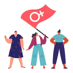 Happy women standing together and waving the flag with a Venus sign.Group of female friends,union of feminists,sisterhood.Flat cartoon characters on white background.Colorful vector illustration