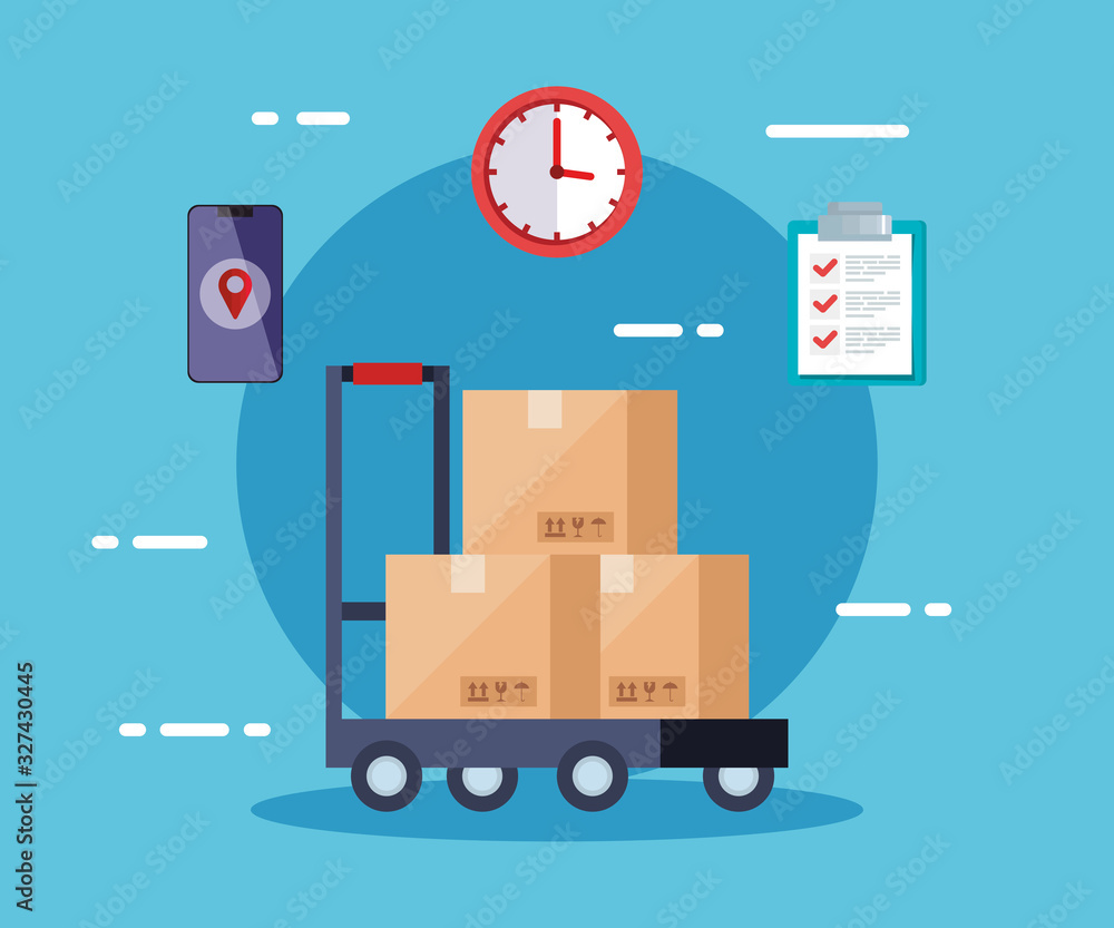 Poster delivery logistic service with boxes and icons vector illustration design