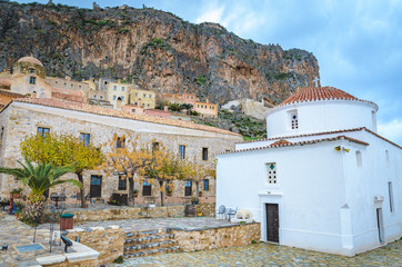 View of the amphitheatrical traditional medieval village of Monemvasia in Laconia Greece