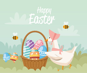 Naklejka premium happy easter card with duck and eggs painted in basket