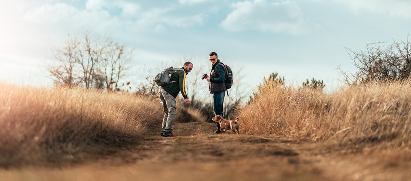 Hikers with backpacks walking through a meadow