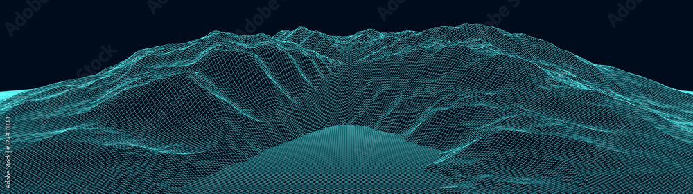 Poster vector wireframe 3d landscape. technology grid illustration. network of connected dots and lines. fu