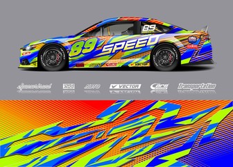 Fototapeta premium Racing car wrap design vector. Graphic abstract stripe racing background kit designs for wrap vehicle, race car, rally, adventure and livery