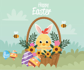 happy easter card with little chick and ears rabbit in basket