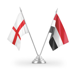 Yemen and England table flags isolated on white 3D rendering