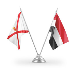 Yemen and Jersey table flags isolated on white 3D rendering