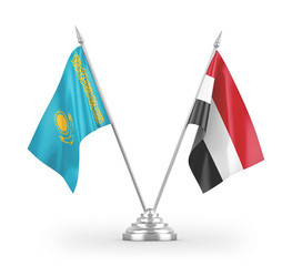 Yemen and Kazakhstan table flags isolated on white 3D rendering
