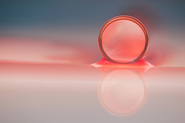 Macro background of red test tube on table in medical laboratory, copy space