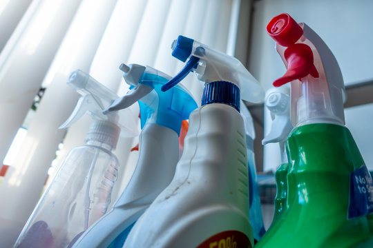 Spray bottles of cleaning products for disinfecting and making clean.
