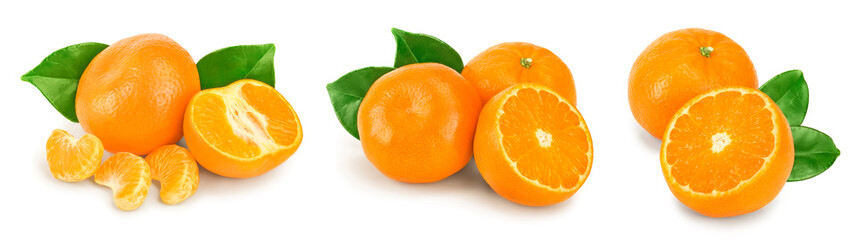 tangerine or mandarin fruit with leaves isolated on white background. Set or collection