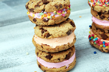 ice cream sandwiches with strawberry and chocolate. Chocolate Chip Cookie Ice Cream Sandwich