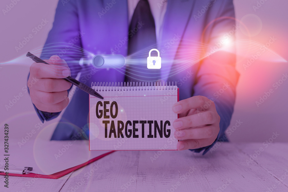 Poster writing note showing geo targeting. business concept for method of determining the geolocation of a 