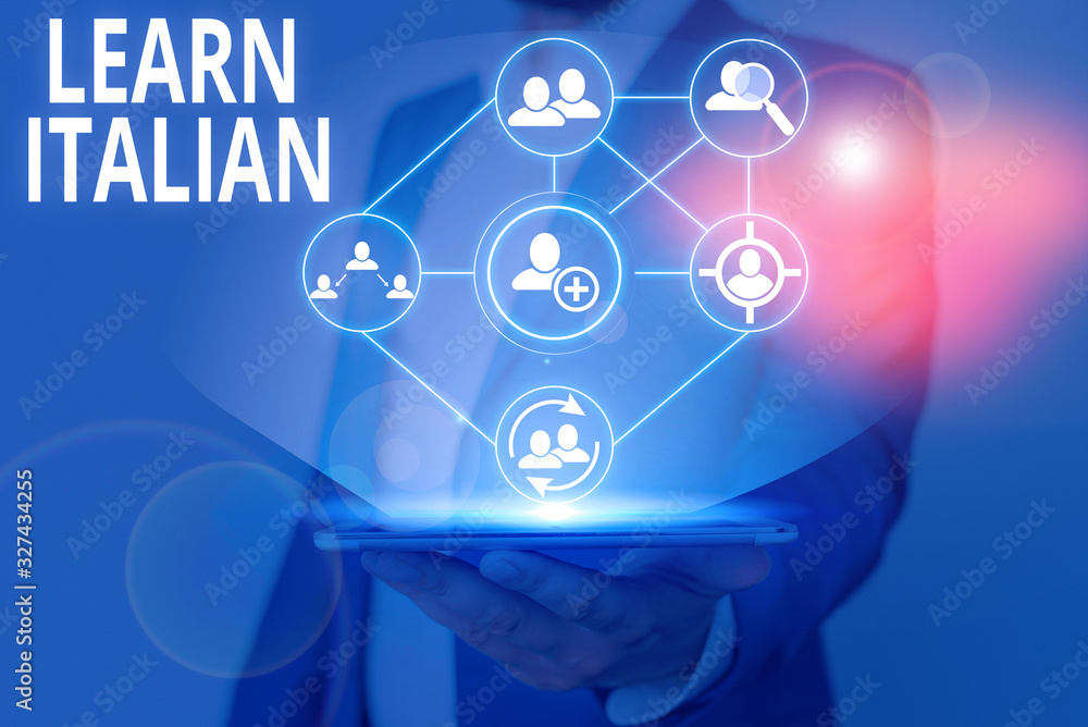 Poster writing note showing learn italian. business concept for gain or acquire knowledge of speaking and w